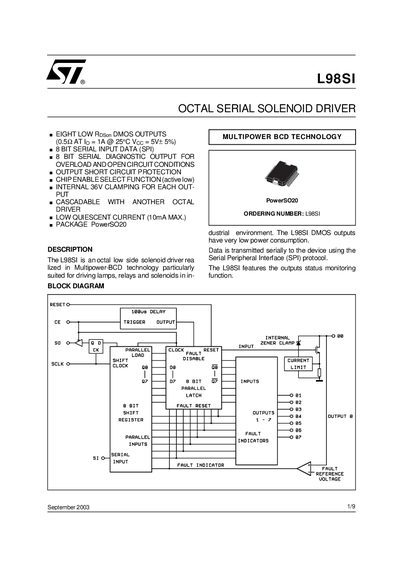 STMicroelectronics L98SI Octal Serial Solenoid Driver Manual - cover page