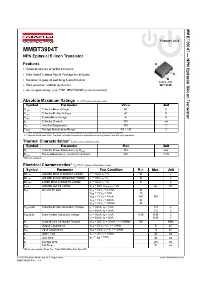 Fairchild MMBT3904T NPN Epitaxial Silicon Transistor Datasheet - cover page