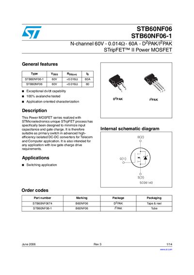 STMICROELECTRONICS STB60NF06 STB60NF06-1 Manual - cover page