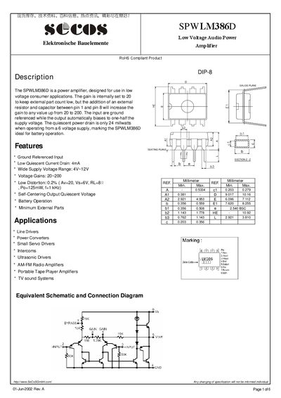 Secos SPWLM386D Low Voltage Audio Power Amplifier Datasheet - cover page