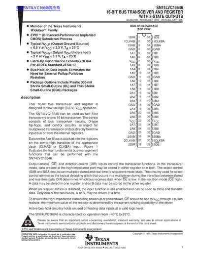 TEXAS INSTRUMENTS SN74LVC16646 16-BIT BUS TRANSCEIVER AND REGISTER WITH 3-STATE OUTPUTS handbook - cover page