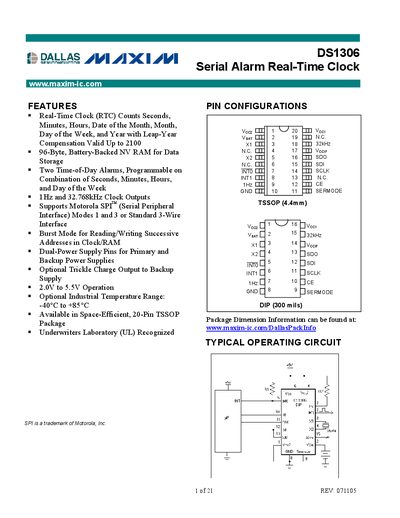 Maxim DS1306 Serial Alarm Real-Time Clock Datasheet - cover page