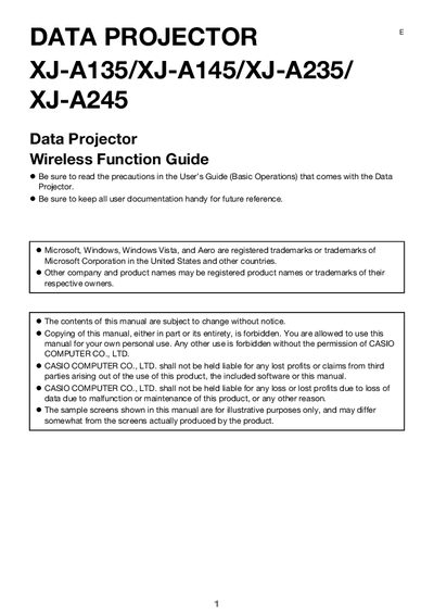 CASIO XJ-A135/XJ-A145/XJ-A235/XJ-A245 Data Projector Wireless Function Guide - cover page