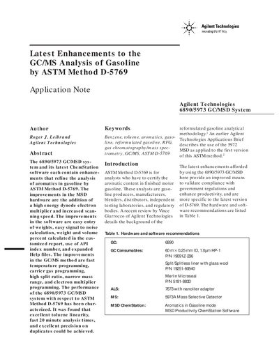 Agilent Technologies 6890/5973 GC/MSD Application Note ASTM D-5769 Gasoline Analysis Enhancements - cover page