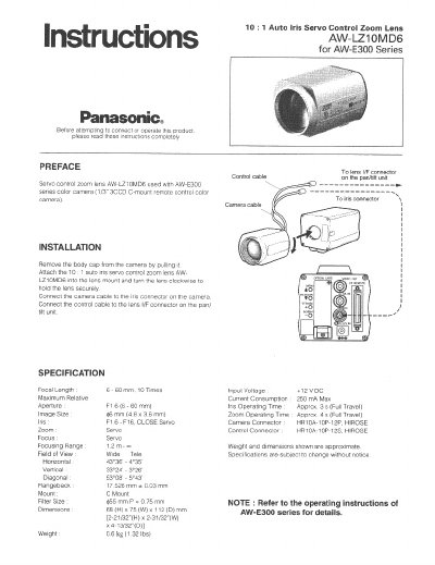 Panasonic AW-LZ10MD6 Auto Iris Servo Control Zoom Lens Installation Instructions - cover page