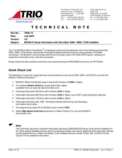 Trio MC302-K Motion Coordinator Installation Guide - cover page