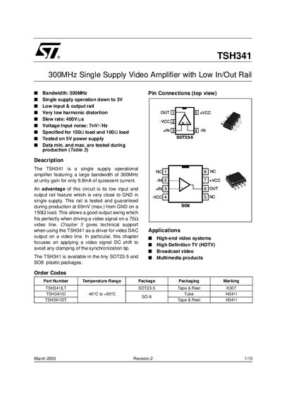 STMicroelectronics TSH341 300MHz Single Supply Video Amplifier Service Manual - cover page