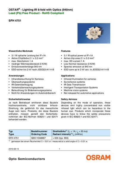 OSRAM SYLVANIA - SFH 4751 OSTAR - Lighting IR 6-fold with Optics (940nm) Lead (Pb) Free Product - RoHS Compliant handbook - cover page