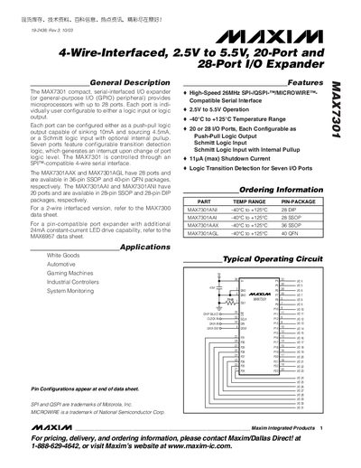 Maxim MAX7301 I/O Expander Datasheet - cover page