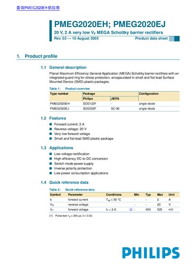 Philips PMEG2020EH; PMEG2020EJ Schottky Barrier Rectifiers Product Data Sheet - cover page