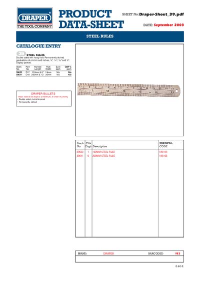 Draper Steel Rules Data Sheet - cover page
