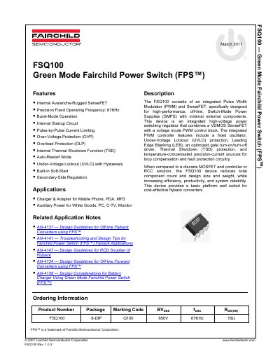Fairchild Semiconductor FSQ100 Green Mode Fairchild Power Switch Datasheet - cover page