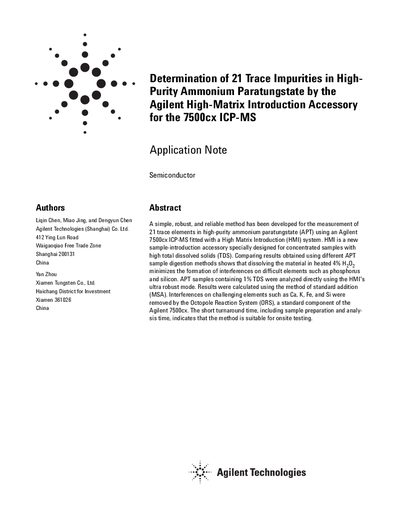 Agilent 7500cx ICP-MS Determination of 21 Trace Impurities in High-Purity Ammonium Paratungstate Application Note - cover page