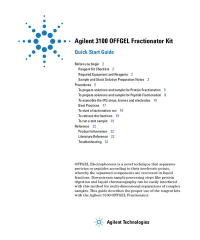 Agilent Technologies 3100 OFFGEL Fractionator Kit Quick Start Guide - cover page