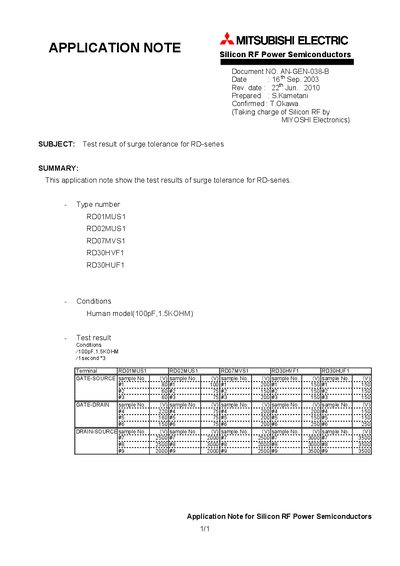 Mitsubishi Electric RD-series Application Note AN-GEN-038-B - cover page