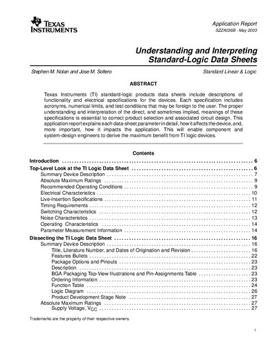 Texas Instruments SZZA036B Application Note Understanding Interpreting Standard-Logic Data Sheets - cover page