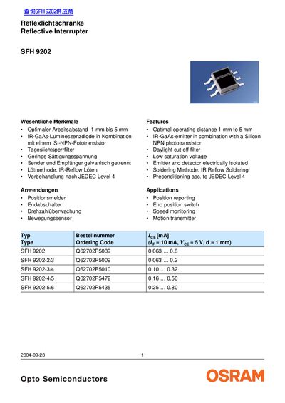 OSRAM SFH 9202 Reflective Interrupter Datasheet - cover page