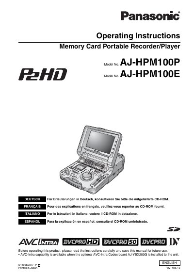 Panasonic AJ-HPM100P Memory Card Portable Recorder/Player Operating Instructions
