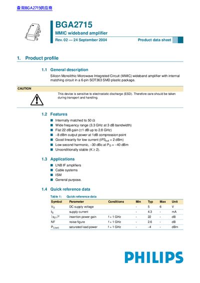 Philips BGA2715 MMIC Wideband Amplifier Product Data Sheet - cover page