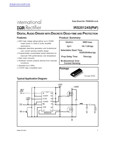 International Rectifier IRS20124S High Voltage MOSFET Driver Datasheet - cover page