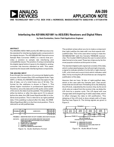 Analog Devices AN-399 Interfacing AD1890/AD1891 to AES Receivers