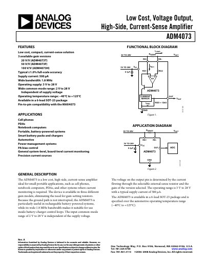 Analog Devices ADM4073 Current‑Sense Amplifier Datasheet - cover page