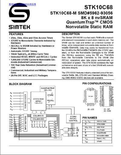 Simtek STK10C68 8K x 8 nvSRAM Datasheet - cover page