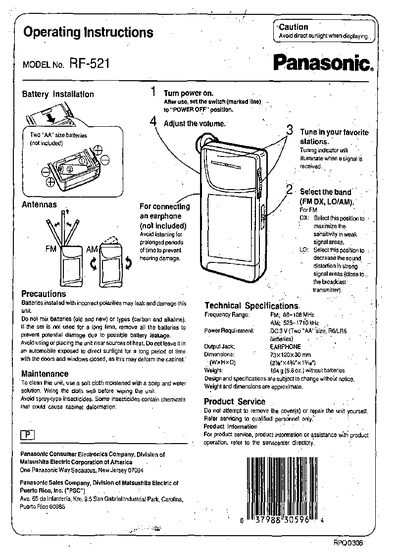 Panasonic RF-521 Portable Radio Operating Instructions - cover page
