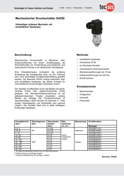 Tecsis S4250 Mechanical Pressure Switch Data Sheet - cover page