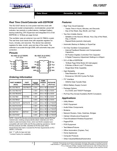 Intersil ISL12027 Real Time Clock/Calendar with EEPROM Datasheet
