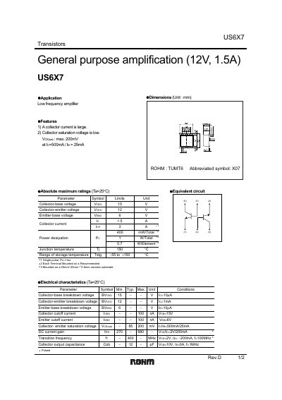 ROHM US6X7 General-Purpose Amplifier Transistor Datasheet - cover page