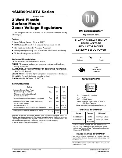 ON Semiconductor 1SMB5913BT3 Series 3W Plastic Surface Mount Zener Voltage Regulator Datasheet - cover page