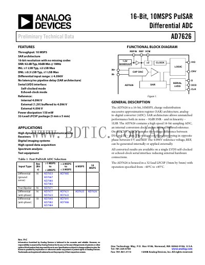 Analog Devices AD7626 16‑Bit 10 MSPS SAR ADC Datasheet - cover page