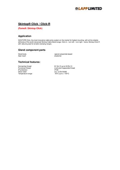 LAPP Skintop Click Cable Gland Product Leaflet - cover page