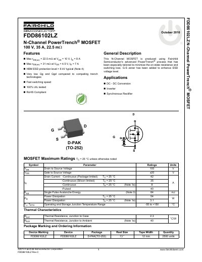 Fairchild FDD86102LZ N-Channel MOSFET Datasheet - cover page