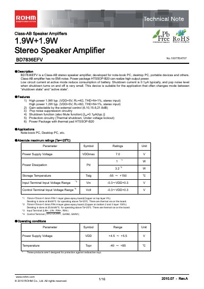 ROHM BD7836EFV Class-AB Stereo Speaker Amplifier Datasheet - cover page