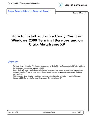 Agilent Cerity Review Client Installation Guide for Windows 2000 Terminal Services and Citrix Metaframe XP - cover page