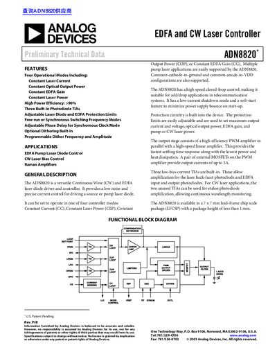 Analog Devices ADN8820 EDFA and CW Laser Controller Preliminary Technical Data - cover page