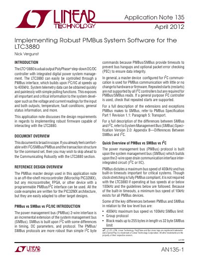Linear Technology LTC3880 Dual Output PolyPhase Step-Down DC/DC Controller Application Note 135 - cover page