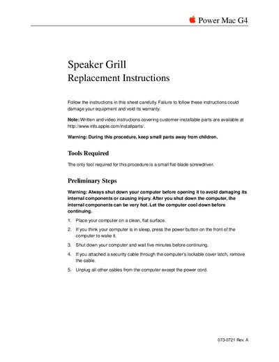 Power Mac G4 (Mirrored Drive Doors FireWire 800) - Speaker Grill Replacement Instructions