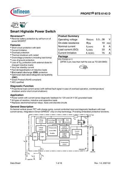 Infineon BTS 6143 D PROFET Smart High‑Side Power Switch Datasheet - cover page