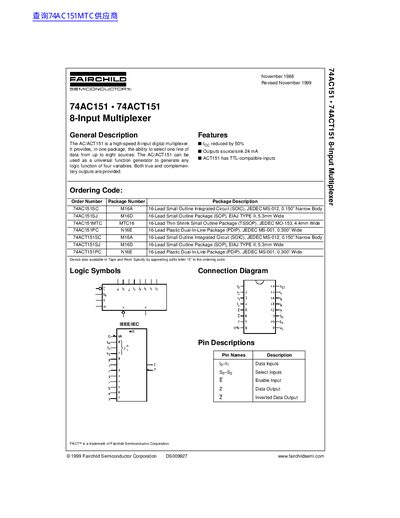 Fairchild 74AC151 74ACT151 8-Input Multiplexer Datasheet - cover page