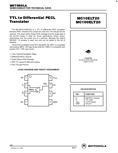 Motorola MC10ELT20/MC100ELT20 TTL to Differential PECL Translator Datasheet - cover page