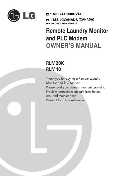 LG RLM20K/RLM10 Remote Laundry Monitor and PLC Modem User Manual - cover page