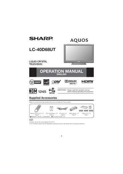 Sharp LC-40D68UT Television User Manual