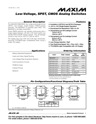 Maxim MAX4501/MAX4502 Low-Voltage SPST CMOS Analog Switch Datasheet - cover page