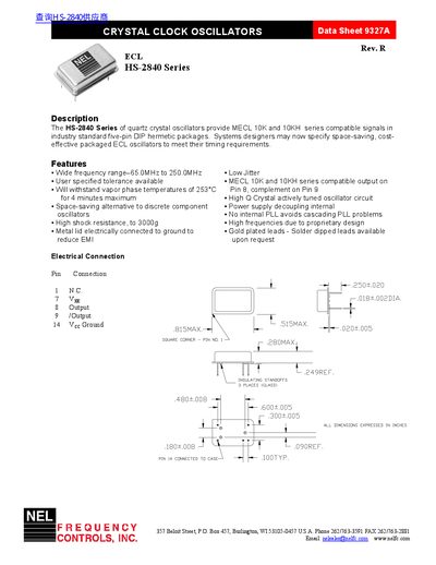 NEL HS-2840 Series Crystal Clock Oscillators Data Sheet - cover page