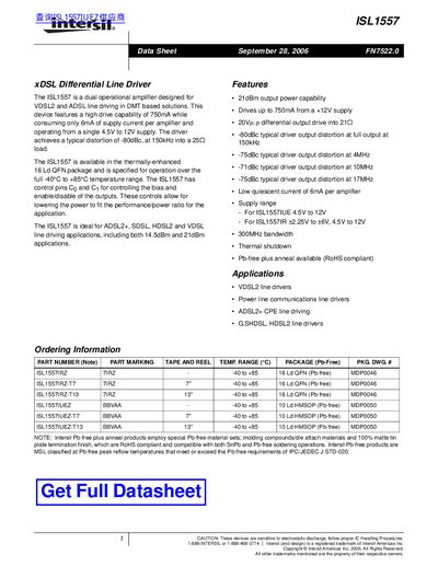 Intersil ISL1557 XDSL Differential Line Driver Datasheet - cover page