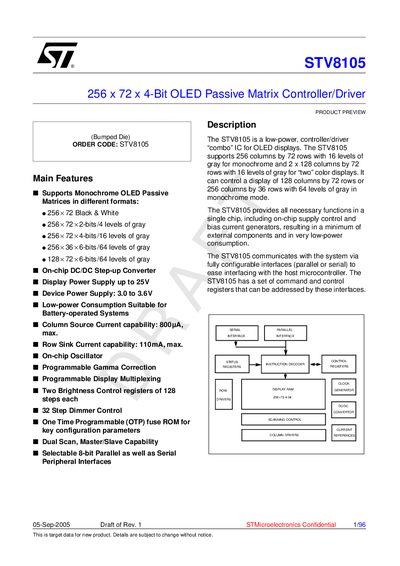 ST STV8105 256 x 72 x 4-Bit OLED Passive Matrix Controller/Driver Manual - cover page