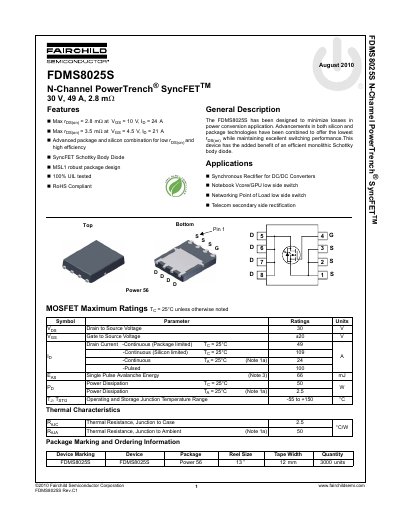 Fairchild FDMS8025S N-Channel PowerTrench SyncFET Datasheet - cover page